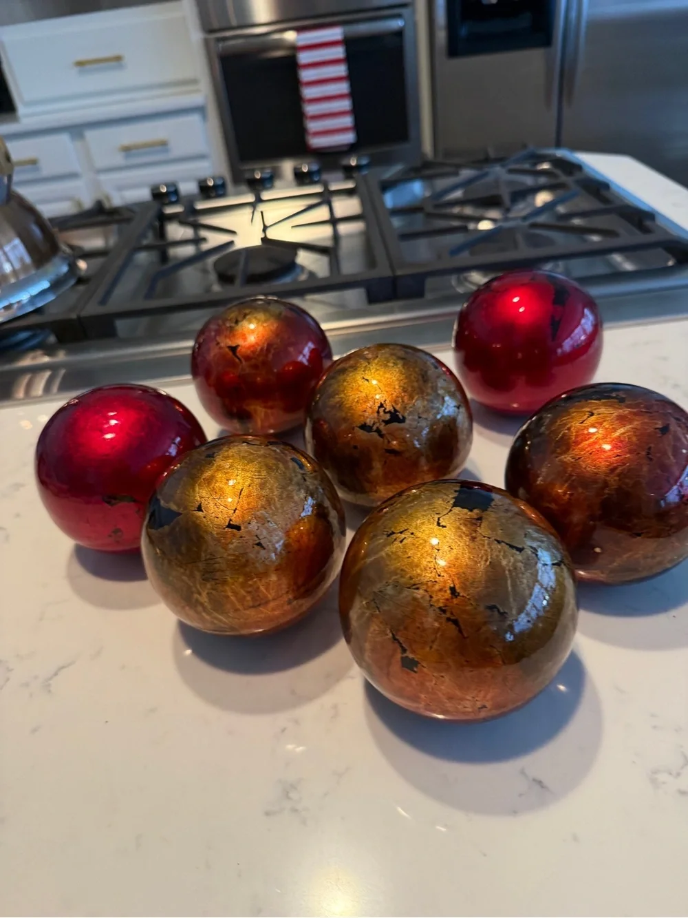 Set of 7 Red Gold Mercury Glass Decorative Orbs Spheres 4” Holiday Decor